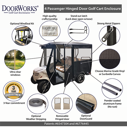 DoorWorks Hinged Door Golf Cart Enclosures - Extended 4 Passenger Roofs